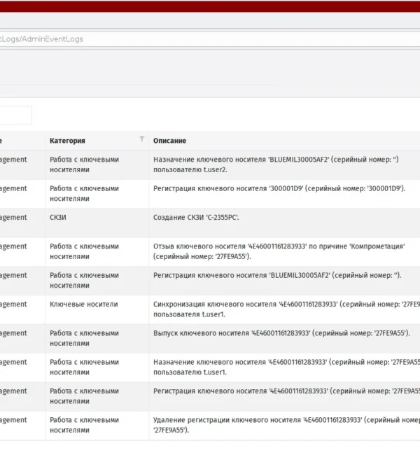 Демонстрационный журнал аудита в интерфейсе JaCarta Management System