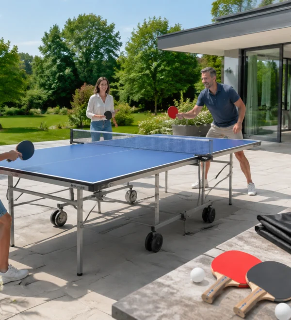 Family members play table tennis on a sunny patio beside a modern house, with kids and adults involved in the game.