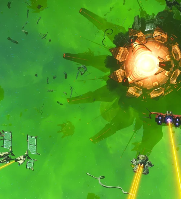 Green space battlefield around a bright, glowing core with orange armor and ships firing yellow lasers