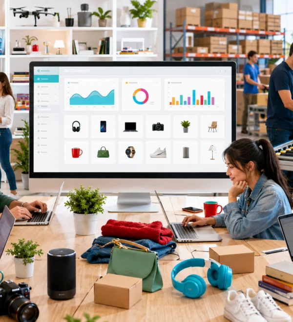 Team of coworkers around a wooden table, laptops open, large monitor displaying charts and icons; shelves with gadgets and packaging in the background.