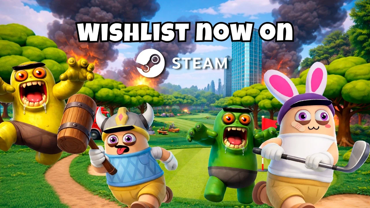Four cartoon characters sprint on a sunny golf course with 'Wishlist now on Steam' text and Steam logo.