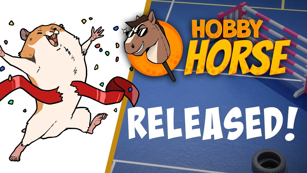 Happy cartoon hamster with confetti and a red scarf leaps on white, beside bold 'Hobby Horse Released!' on a blue obstacle course backdrop.