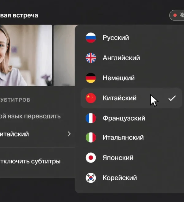 Выбор китайского языка субтитров в интерфейсе МТС Линк