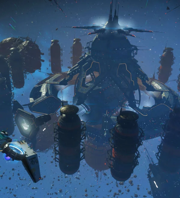 Starship approaching a decorated space station in No Man’s Sky Cosmos