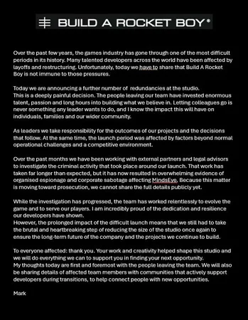 Build A Rocket Boy statement about MindsEye layoffs in March 2026