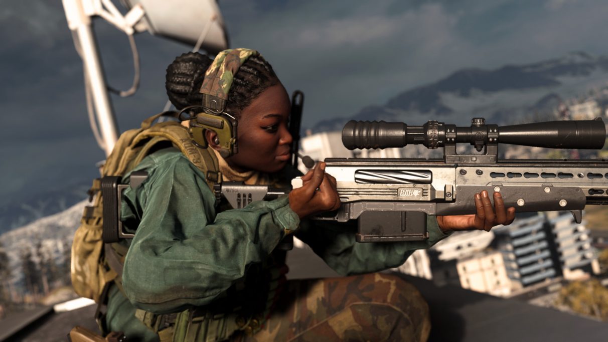 A Warzone operator aims a sniper rifle from a rooftop in Verdansk