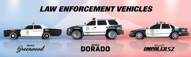 Новые полицейские автомобили: Bravado Greenwood Cruiser, Bravado Dorado Cruiser и Declasse Impaler SZ Cruiser.