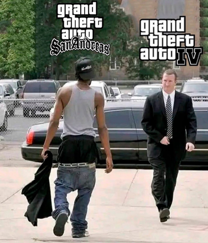 Если бы GTA: San Andreas и GTA 4 были людьми.