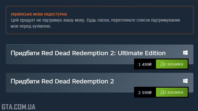 Новые цены на Red Dead Redemption 2 в украинском Steam.