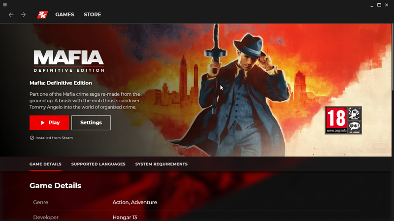 Mafia: Definitive Edition в 2K Games Launcher.