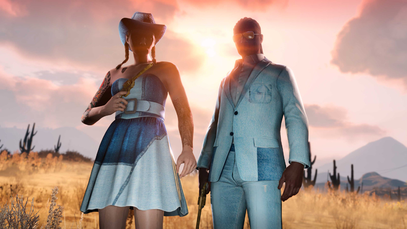 Синий джинсовой комплект: шляпа, платье, пиджак и штаны.