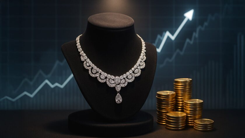 Роскошное бриллиантовое колье на чёрном бархатном подиуме