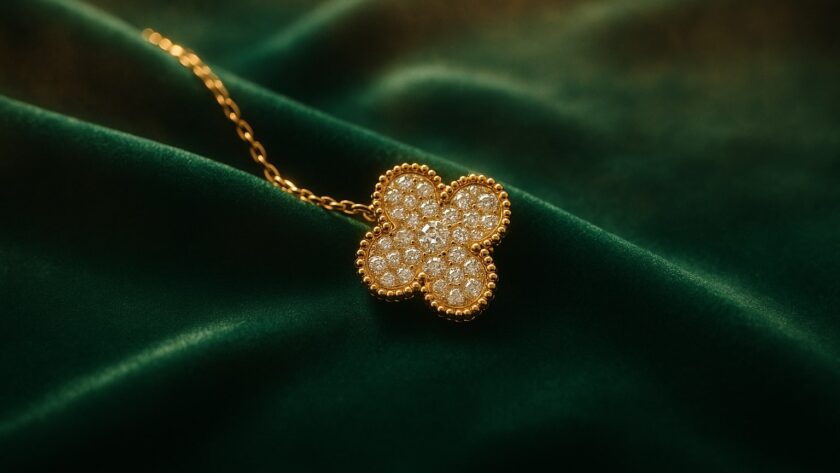 Золотой кулон Van Cleef & Arpels Alhambra с бриллиантовым клевером на изумрудном бархате, люксовый натюрморт