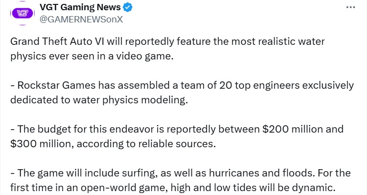 Фейк: на реалистичную водную физику GTA 6 израсходовали баснословные средства