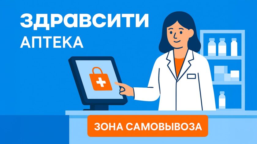 Фармацевт у зоны самовывоза с интерактивным терминалом