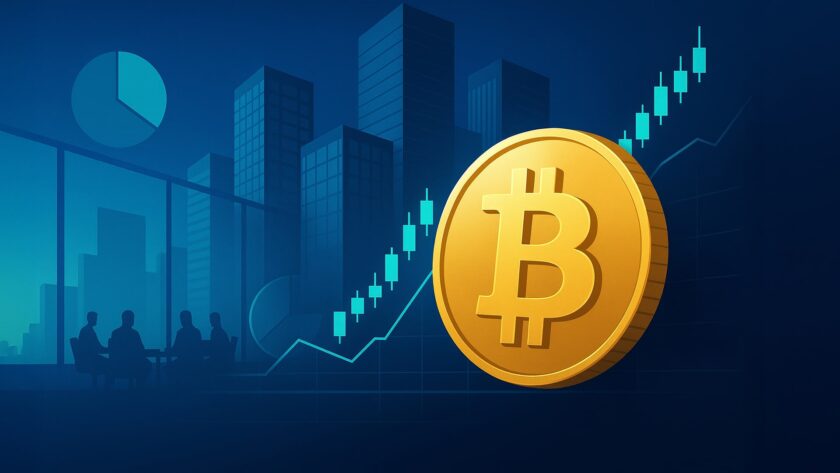 Corporate boardroom with Bitcoin and a rising candlestick chart