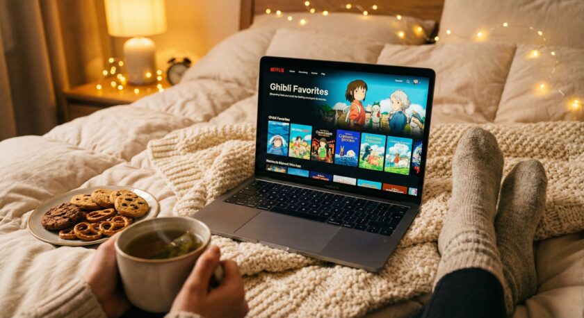 Ноутбук на кровати с запущенным стриминговым сервисом, рядом чай и печенье, уютная атмосфера