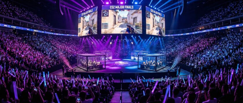 Киберспортивная арена во время финала CS2 Major с тысячами зрителей и огромными экранами