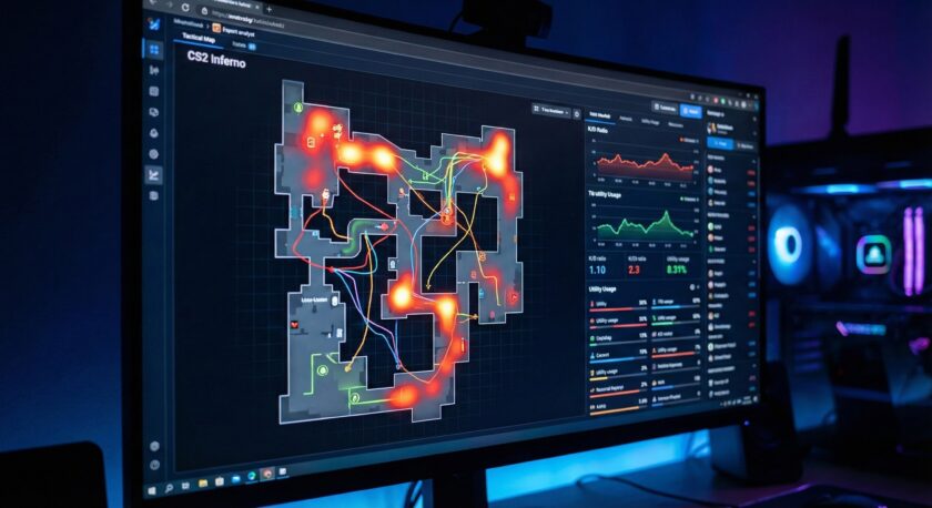Детальная тепловая карта карты Inferno в CS2 на мониторе для тактического анализа игры