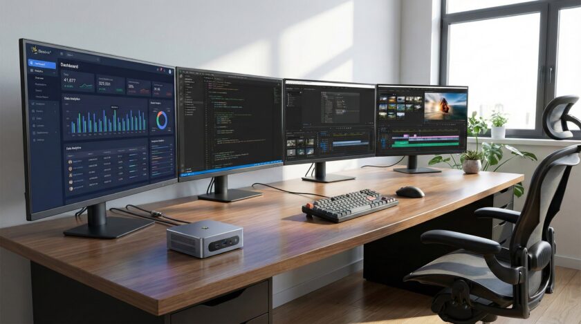 Профессиональное рабочее место с четырьмя мониторами