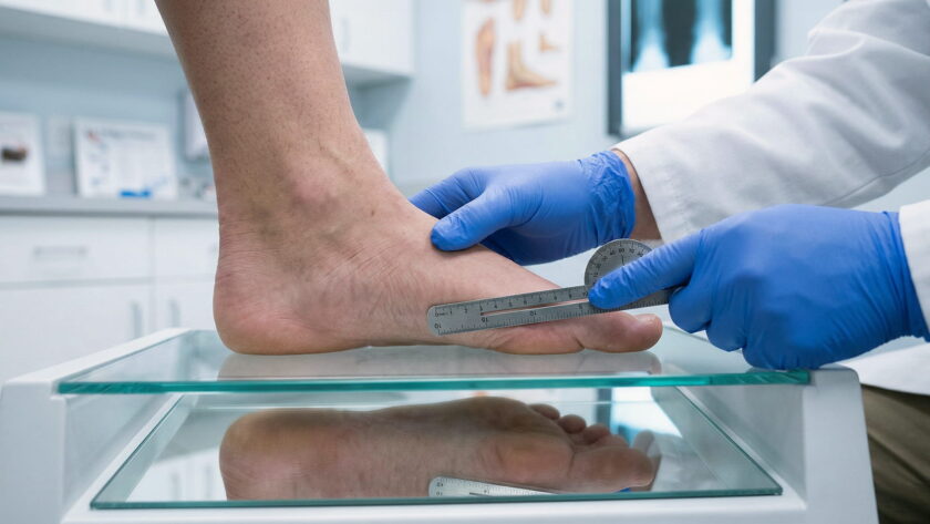Врач измеряет степень плоскостопия пациента на подоскопе