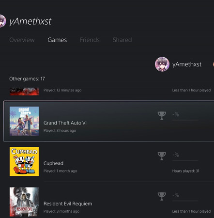 Демонстрация поддельной активности GTA 6 в профиле