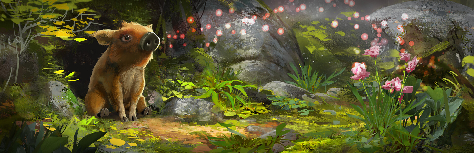 Young boar sitting in a sunlit forest clearing among rocks, greenery, and pink flowers in a magical, glowing scene.