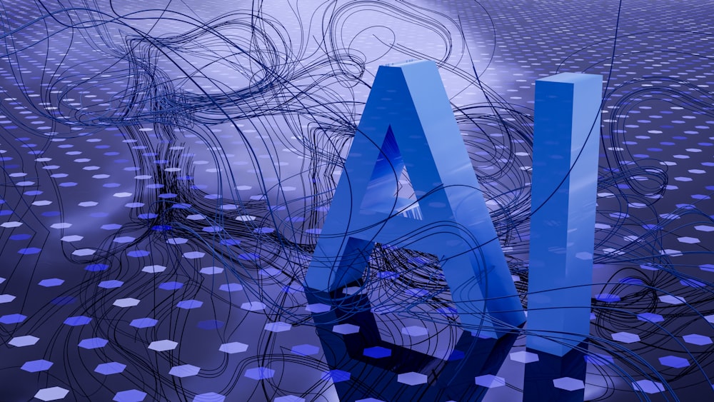 Blue 3D letters A and I rising from a tangled network of cables on a blue grid, representing AI and technology complexity.