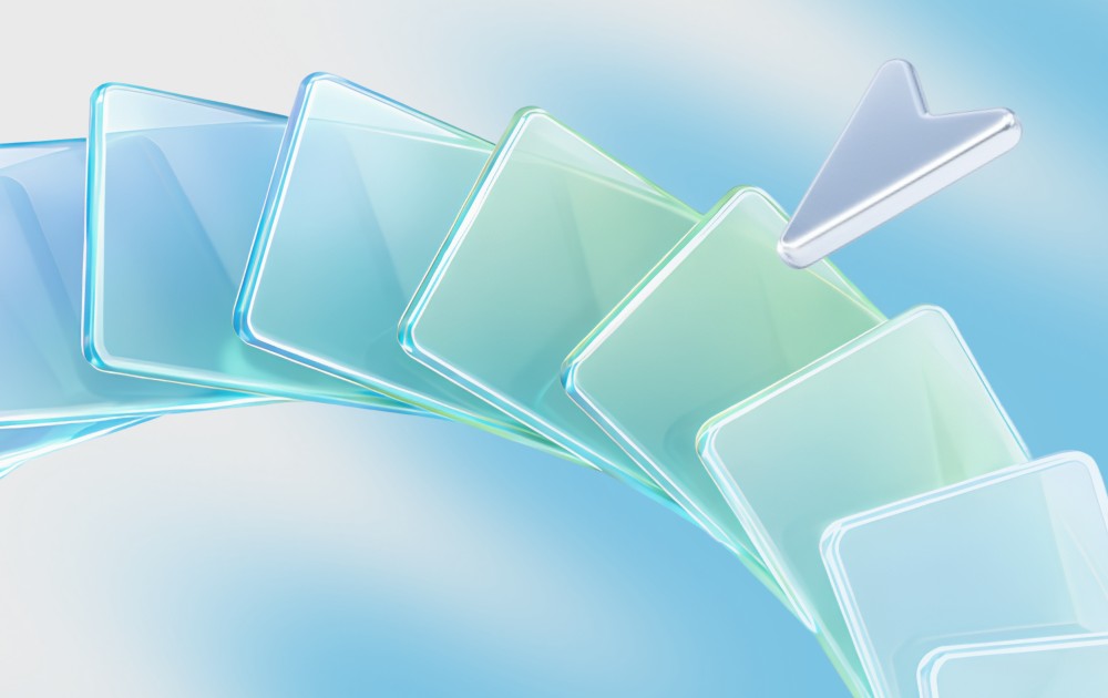Abstract illustration of translucent blue cards arranged in a curved arc, suggesting a carousel of slides.