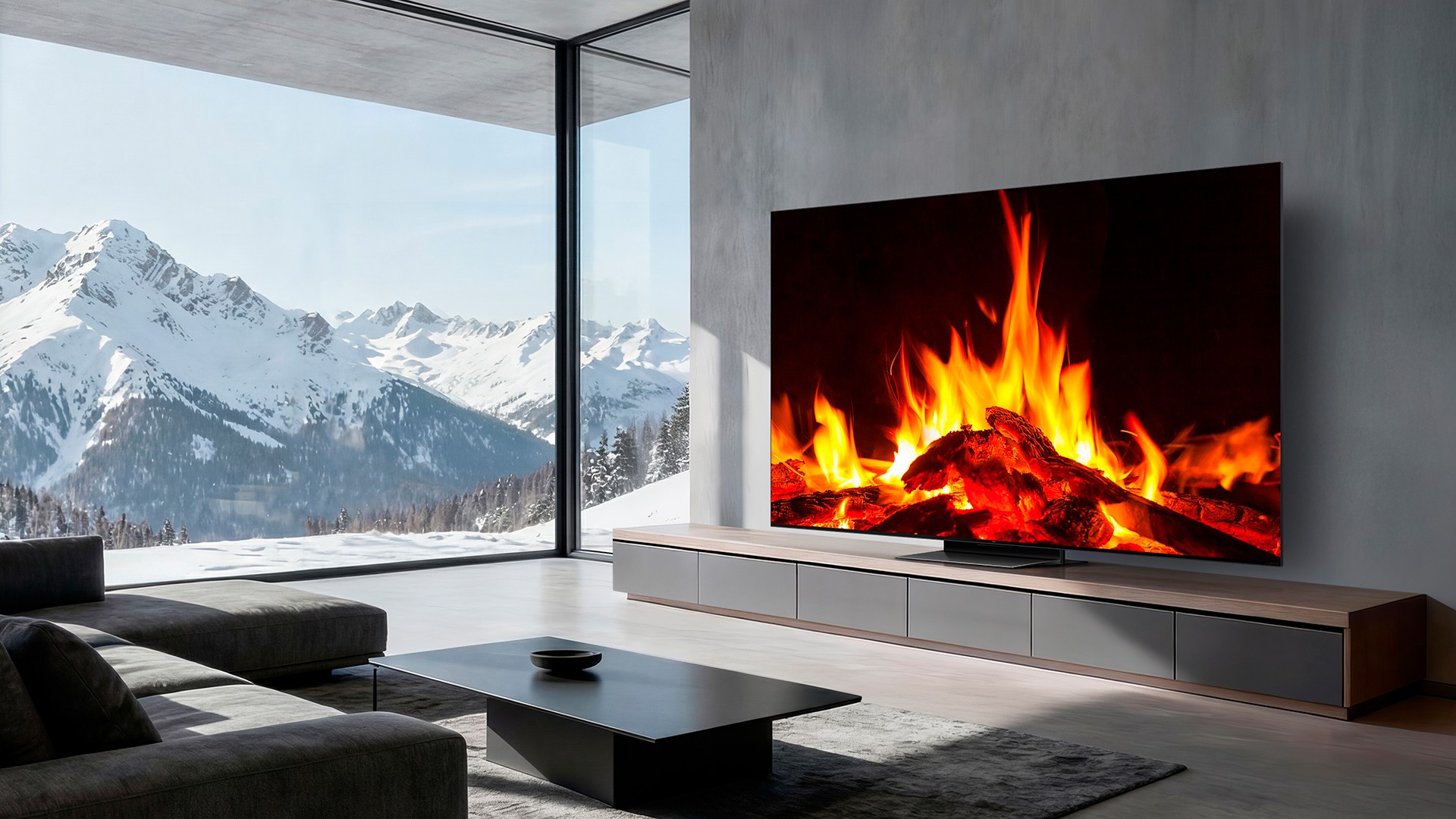 Modern living room with a large flat-screen TV showing a bright fireplace on a gray wall, and snow-covered mountains visible through a floor-to-ceiling window.