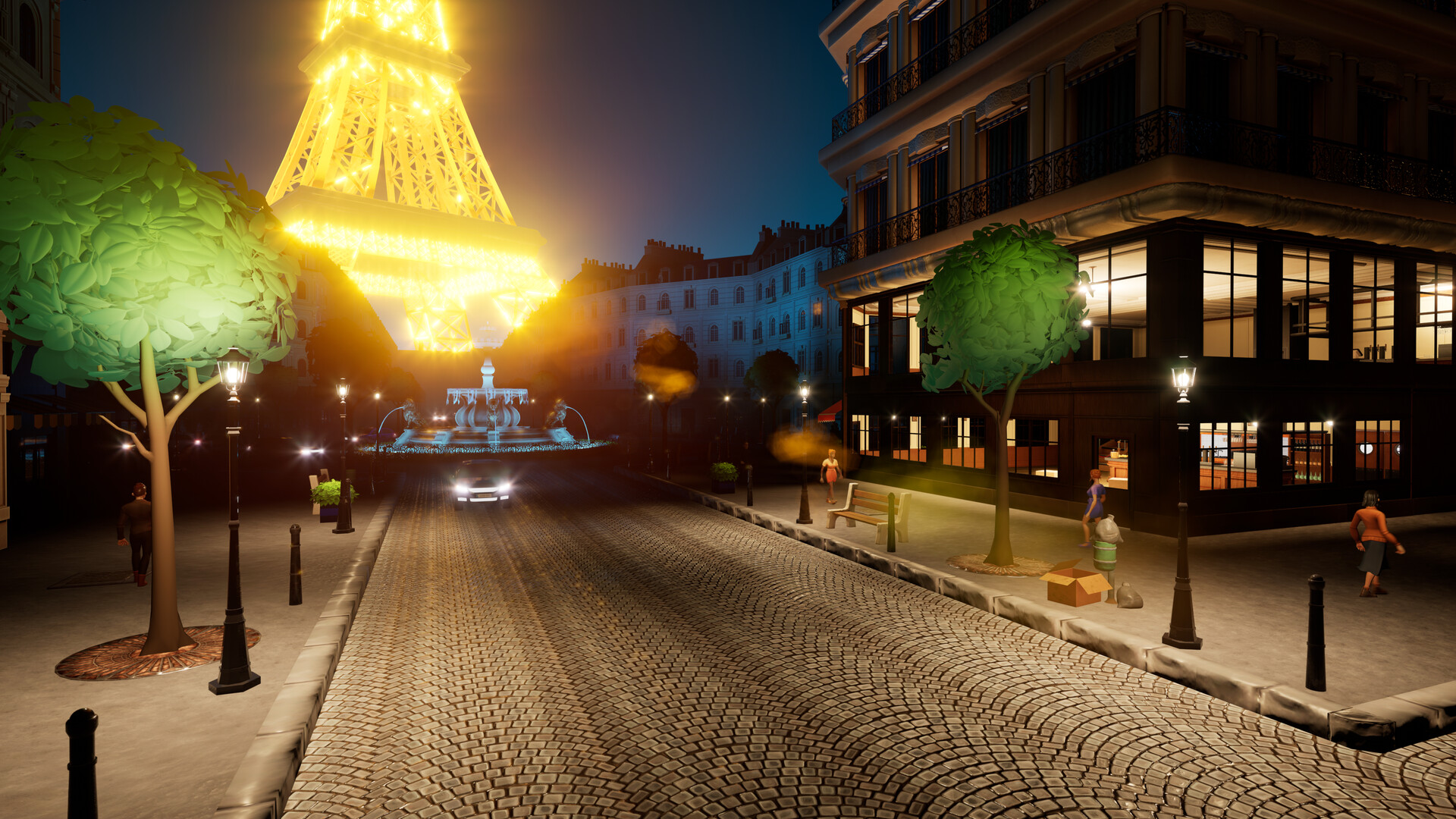 Night street scene with a glowing Eiffel Tower replica, fountain, trees, and cobblestone road.