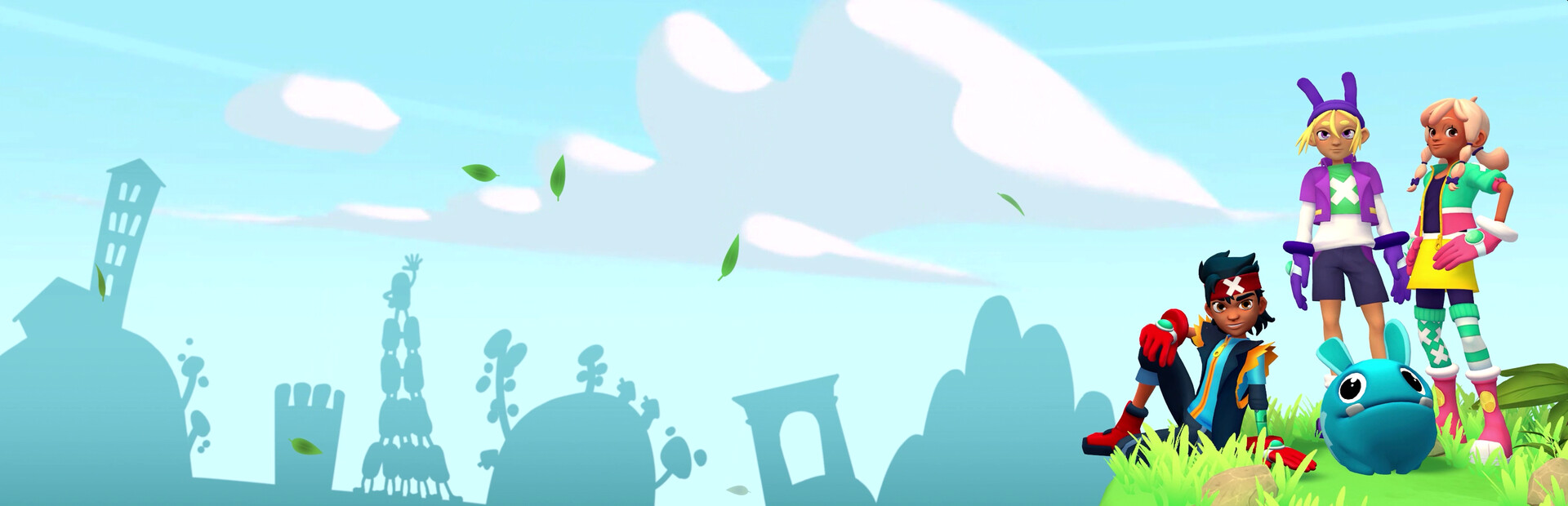 Four colorful cartoon heroes and a blue creature stand on a grassy hill to the right, with pale skyline silhouettes on the left under a bright blue sky.