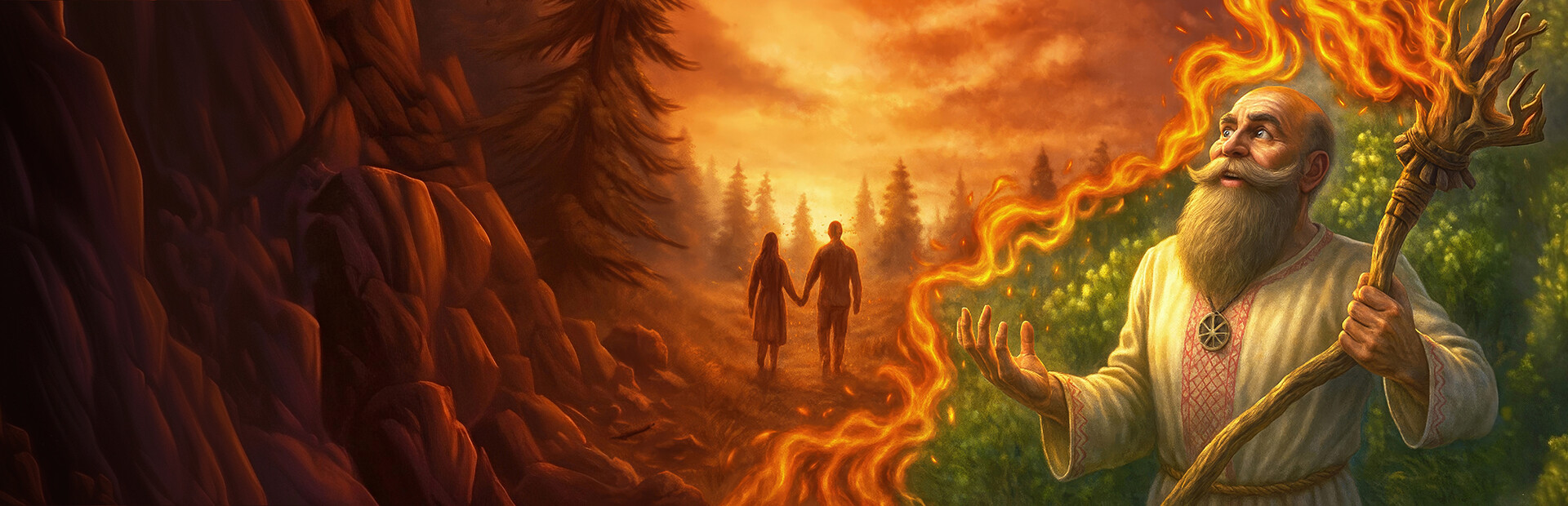 Bearded wizard with a flaming staff casts a fiery arc as a couple walks hand in hand through a sunlit forest path.