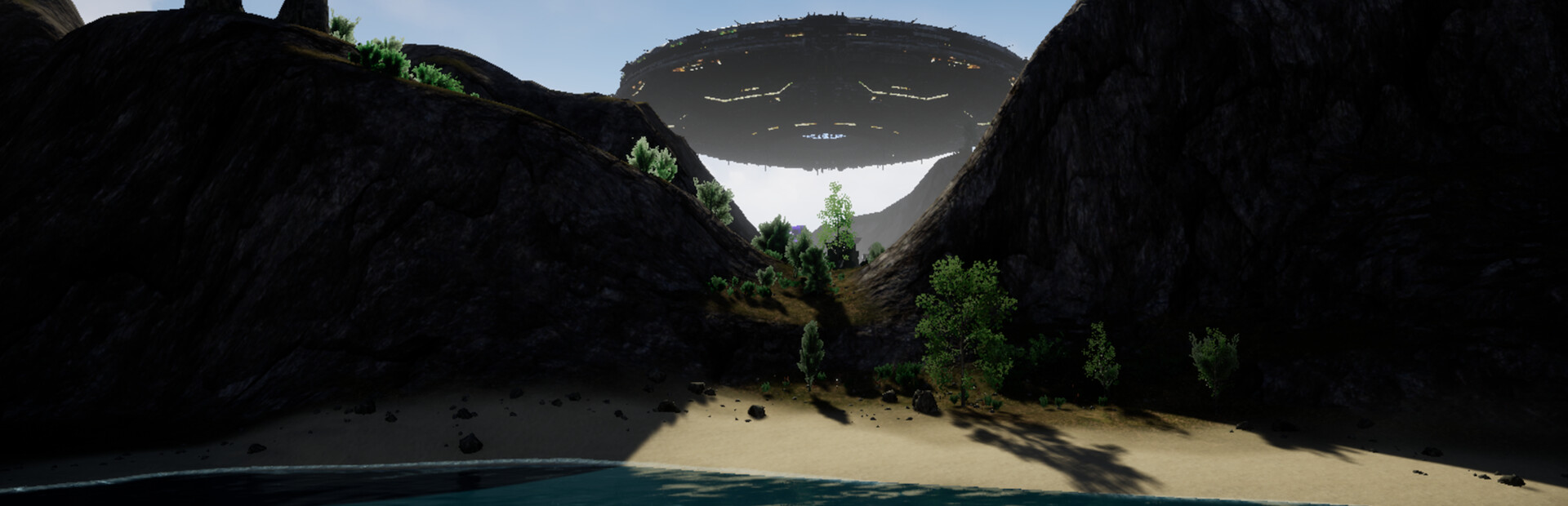 Giant circular spaceship hovering over a dark rocky canyon with a sandy beach and calm turquoise water in the foreground.