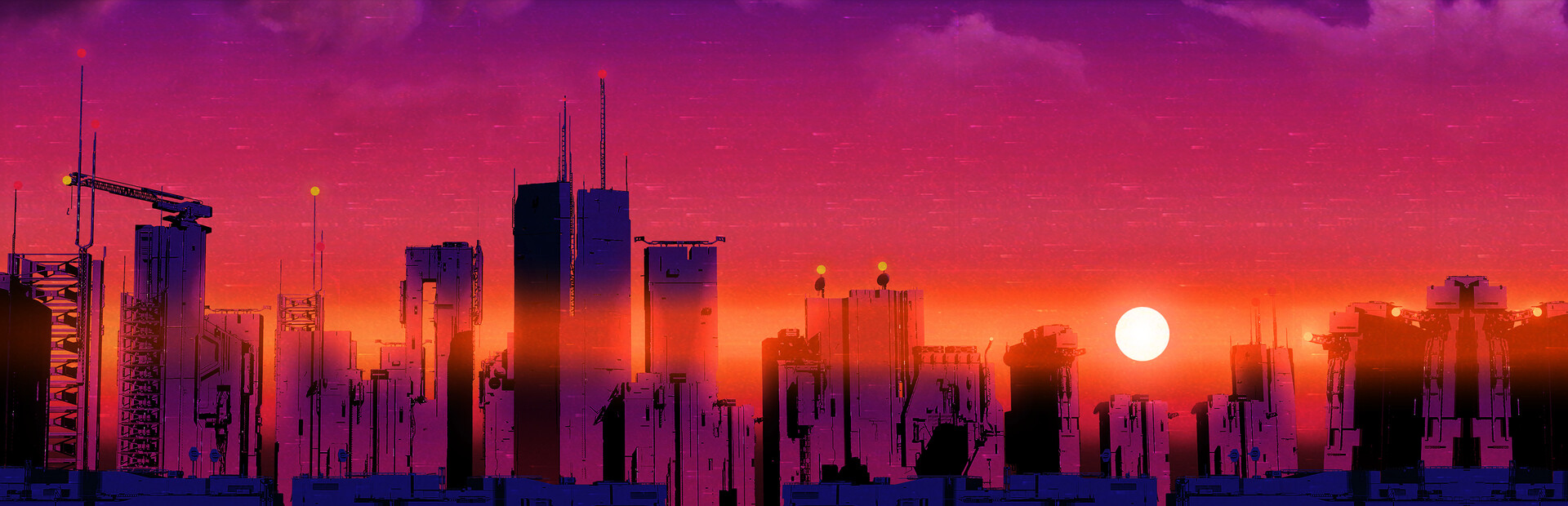 Silhouette of a futuristic city skyline at sunset with cranes and tall buildings against a purple-orange sky.