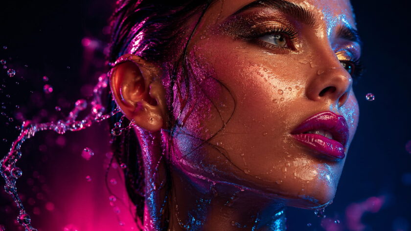 Креативный fashion-портрет женщины с неоновым светом и каплями воды