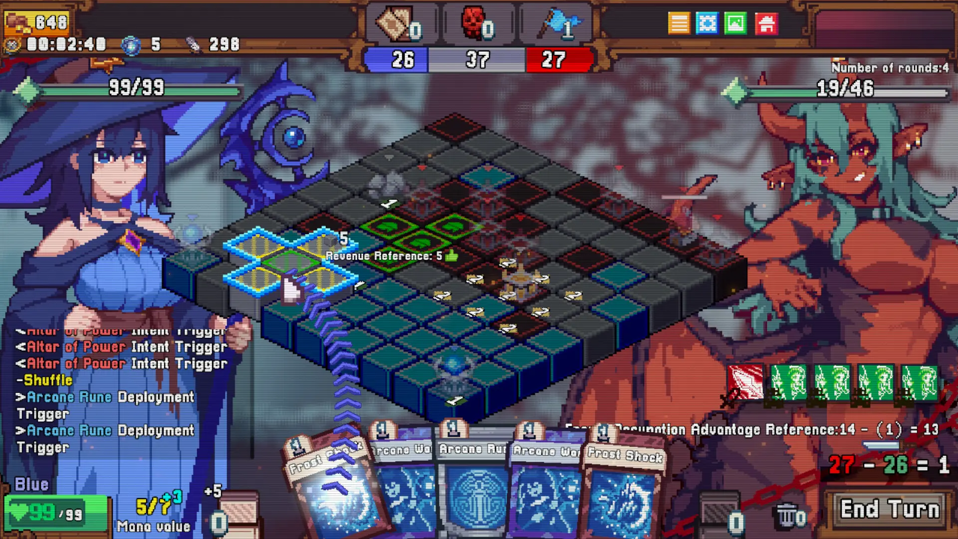 Turn-based strategy game screenshot: blue and red teams battle on a tiled grid with large character portraits on left and right.