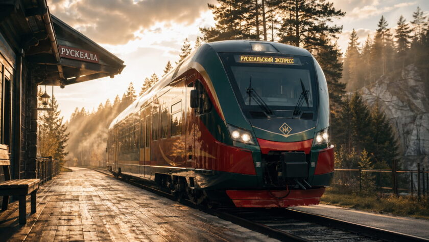 Поезд Рускеальский экспресс на станции Рускеала рядом с лесом и мраморными скалами