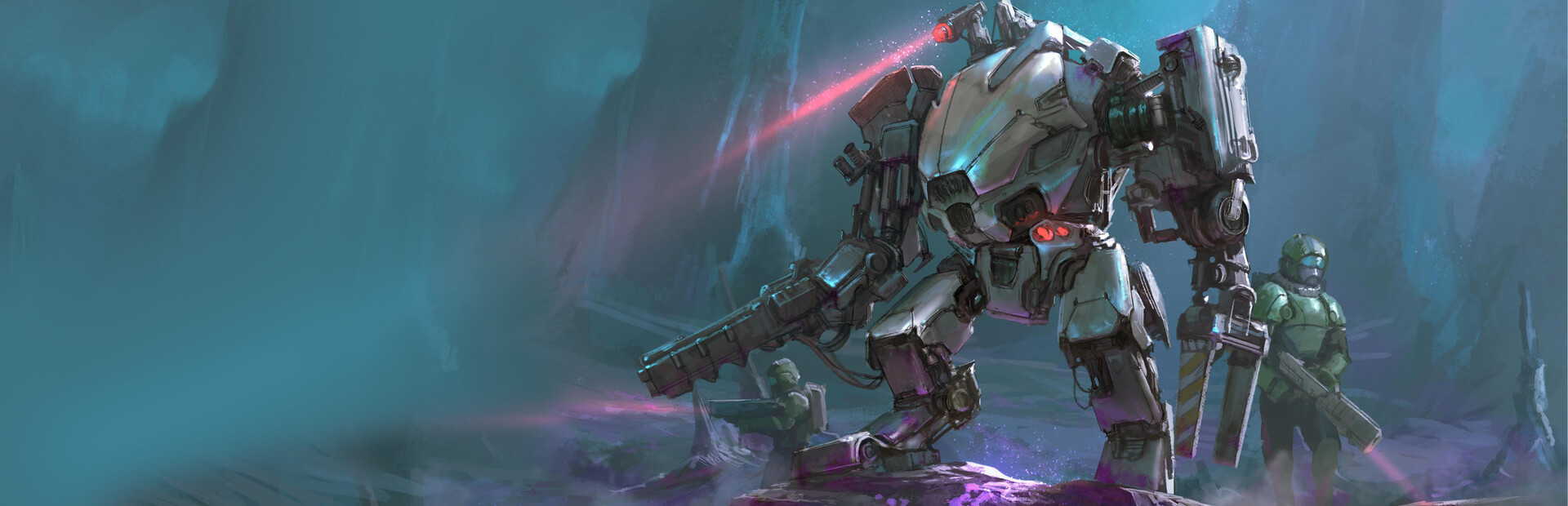 A large armored mech fires a pink laser in a blue icy cavern, with two green-armored soldiers nearby.