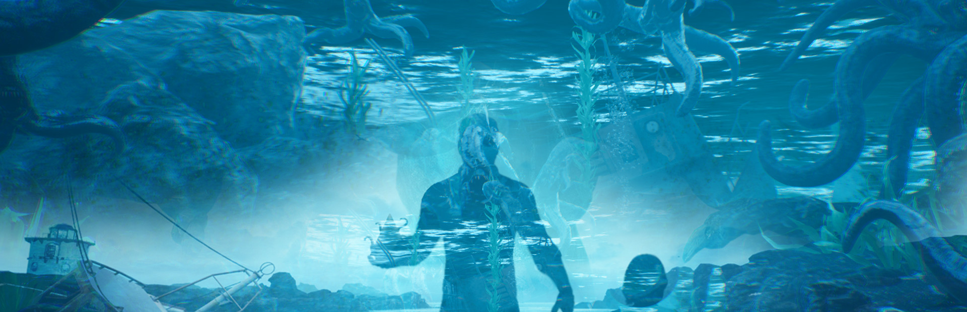 Underwater silhouette of a diver among wreckage and large octopus tentacles with sea plants in blue-toned scene.