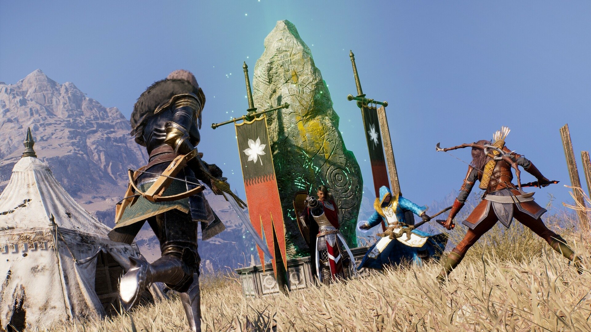 Armored warriors clash around a glowing green crystal monument in a snowy camp with banners nearby.