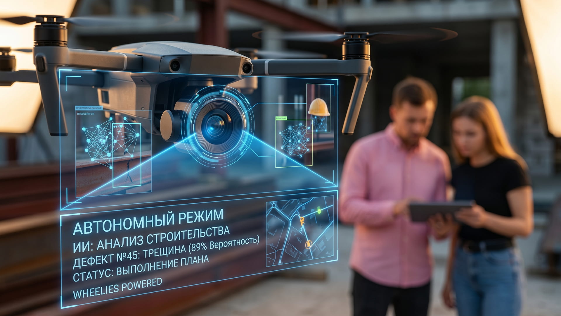 Дрон с ИИ Wheelies для автономного выявления дефектов на стройке