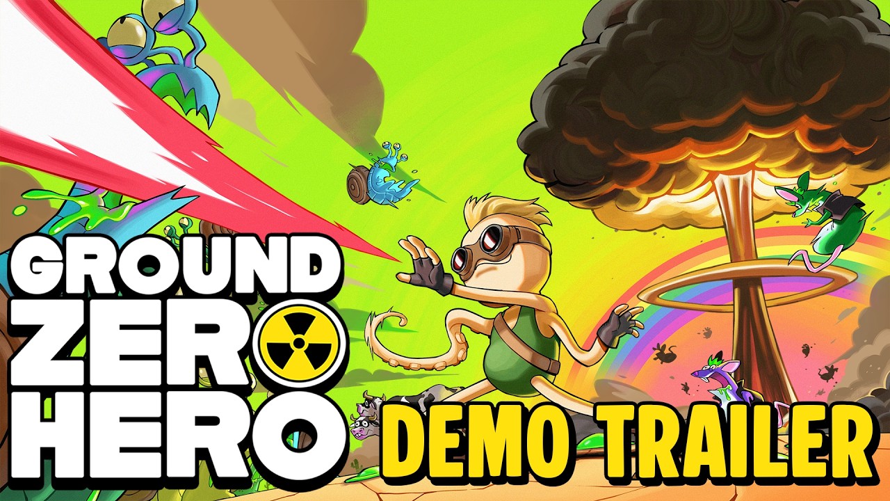 Colorful cartoon game cover showing a hero running away from a mushroom cloud, with bold text 'GROUND ZERO HERO' and 'DEMO TRAILER' on the left and bottom.