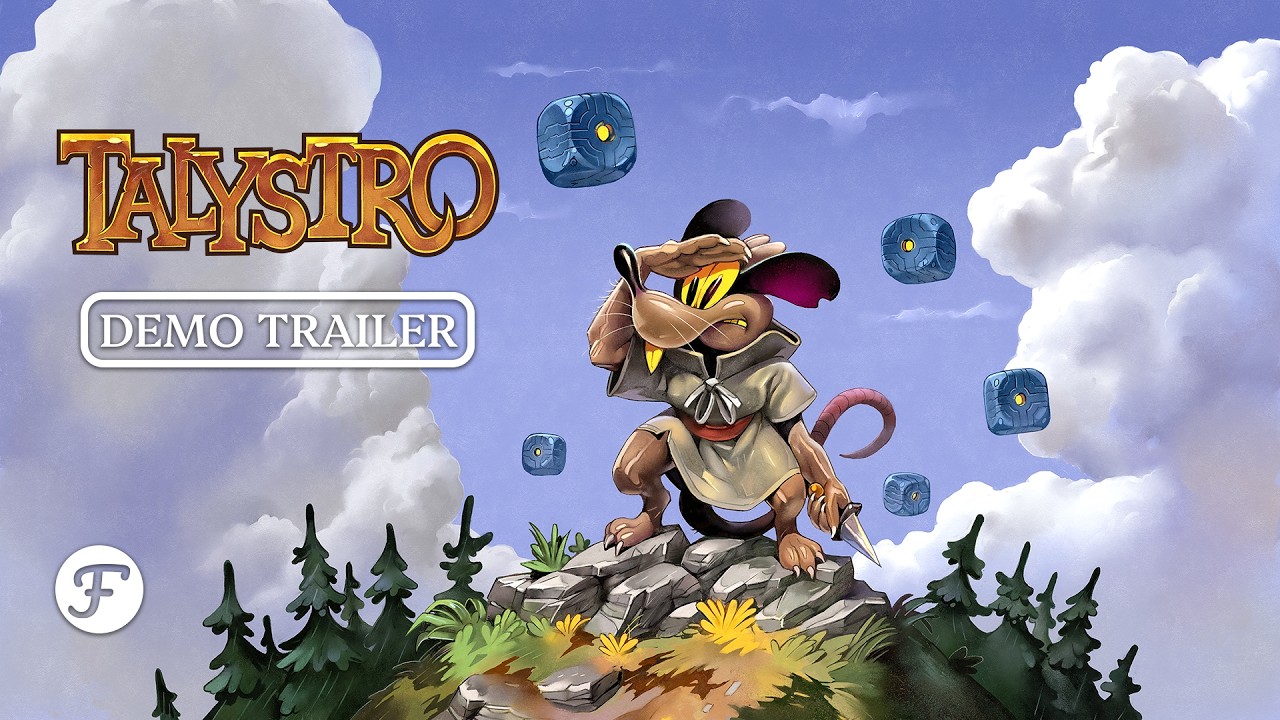 Talystro game cover: a rat hero stands on a rocky hill with floating blue dice against a cloudy sky and trees, plus a Demo Trailer badge.
