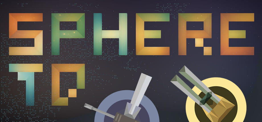 Space-themed game cover with the gradient word SPHERE in geometric letters above abstract machinery against a starry backdrop.
