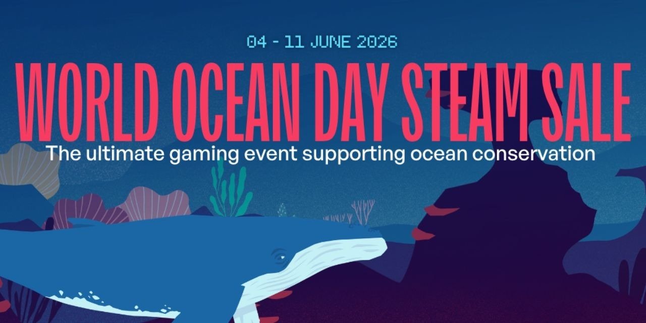 Promotional banner for World Ocean Day Steam Sale (04–11 June 2026) with a blue whale illustration and ocean-conservation message.