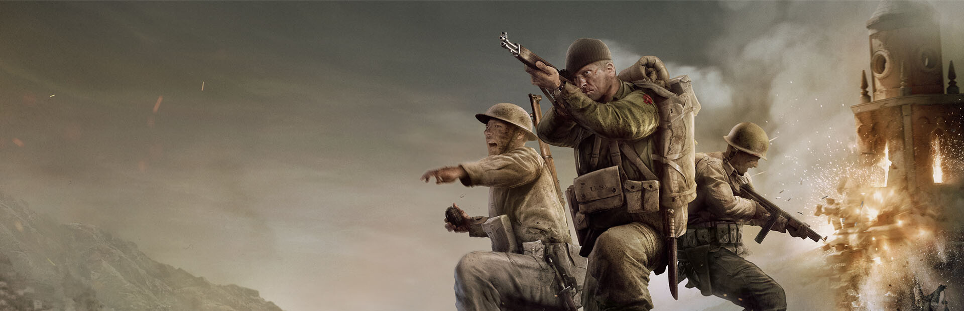 Three soldiers in combat gear advance through a smoky battlefield as an explosion erupts on the right.