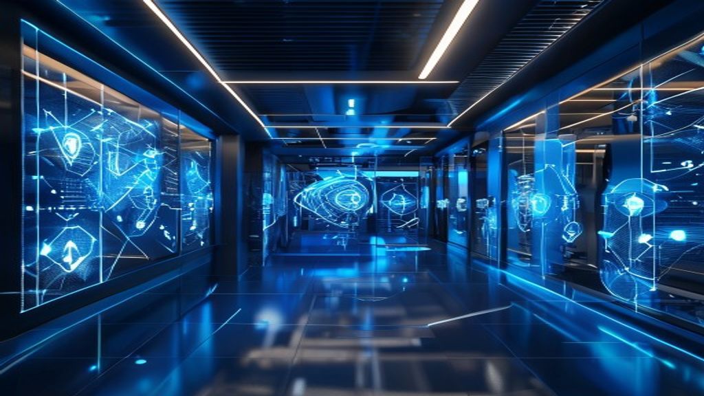 Futuristic data center corridor with blue neon holographic displays along glass walls.