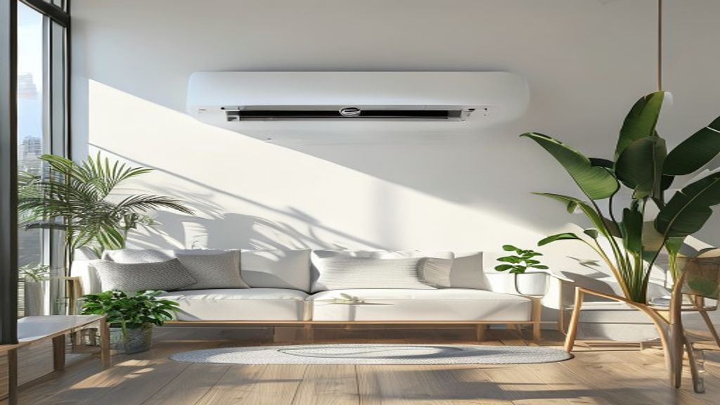 Sunlit modern living room with a white sofa, wooden frame, and large indoor plants beside a wall-mounted air conditioner.