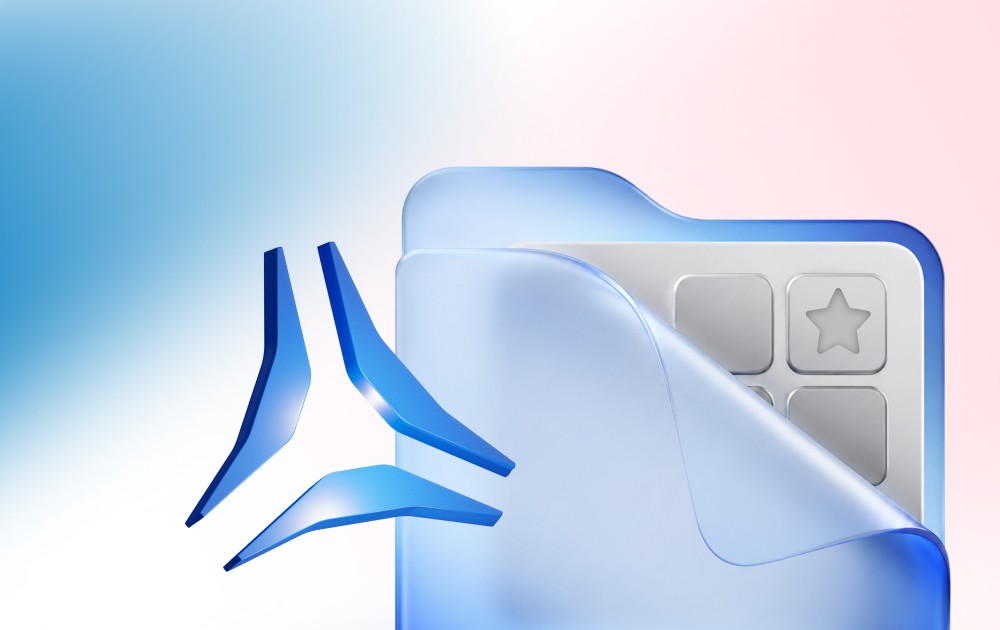 Blue translucent folder with a grid of app icons and a star on a blue-pink gradient background.